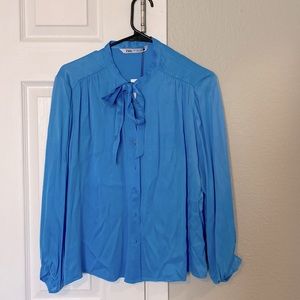 XS Blue Zara Tied Satin Blouse